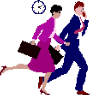 Two people rushing madly clock in background