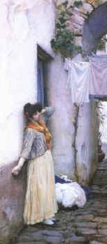 old fashionied woman hanging laundry
