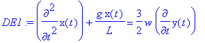 DE1 := diff(x(t),`$`(t,2))+g*x(t)/L = 3/2*w*diff(y(...