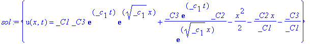 sol := {u(x,t) = _C1*_C3*exp(_c[1]*t)*exp(_c[1]^(1/2)*x)+_C3*exp(_c[1]*t)*_C2/exp(_c[1]^(1/2)*x)-1/2*x^2-1/_C1*_C2*x-1/_C1*_C3}