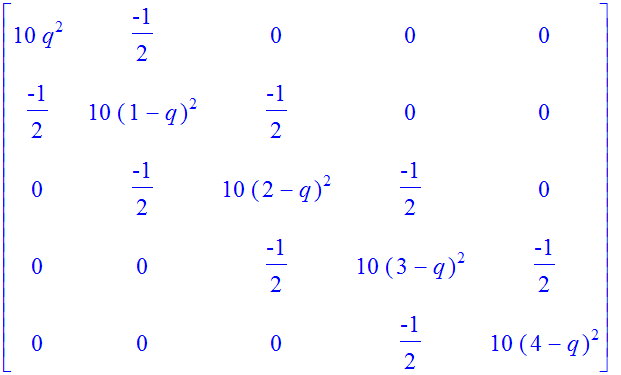 matrix([[10*q^2, -1/2, 0, 0, 0], [-1/2, 10*(1-q)^2, -1/2, 0, 0], [0, -1/2, 10*(2-q)^2, -1/2, 0], [0, 0, -1/2, 10*(3-q)^2, -1/2], [0, 0, 0, -1/2, 10*(4-q)^2]])