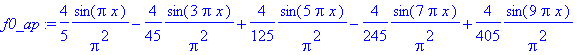 f0_ap := 4/5*1/Pi^2*sin(Pi*x)-4/45*1/Pi^2*sin(3*Pi*x)+4/125*1/Pi^2*sin(5*Pi*x)-4/245*1/Pi^2*sin(7*Pi*x)+4/405*1/Pi^2*sin(9*Pi*x)