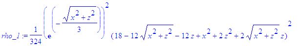rho_1 := 1/324*exp(-1/3*(x^2+z^2)^(1/2))^2*(18-12*(x^2+z^2)^(1/2)-12*z+x^2+2*z^2+2*(x^2+z^2)^(1/2)*z)^2