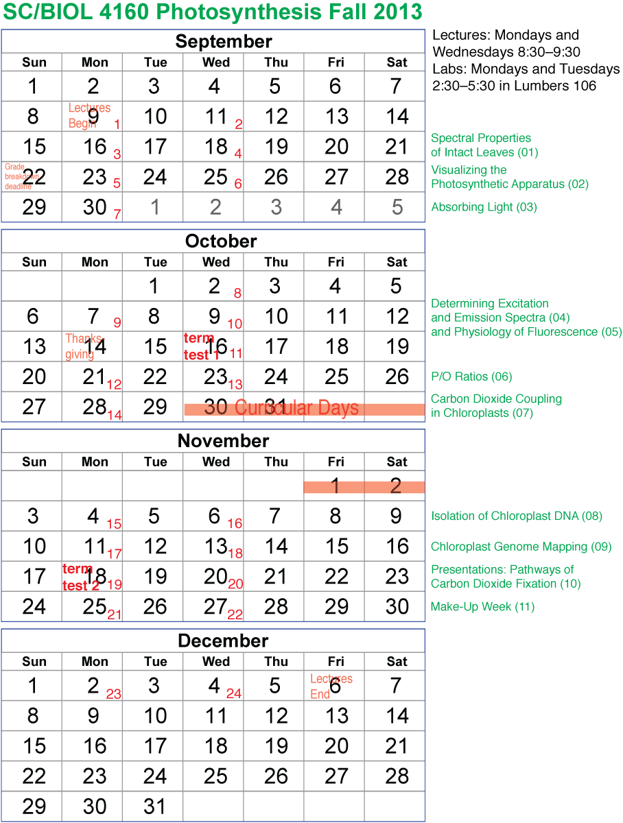 The calender for the course as offered in 2013/2014