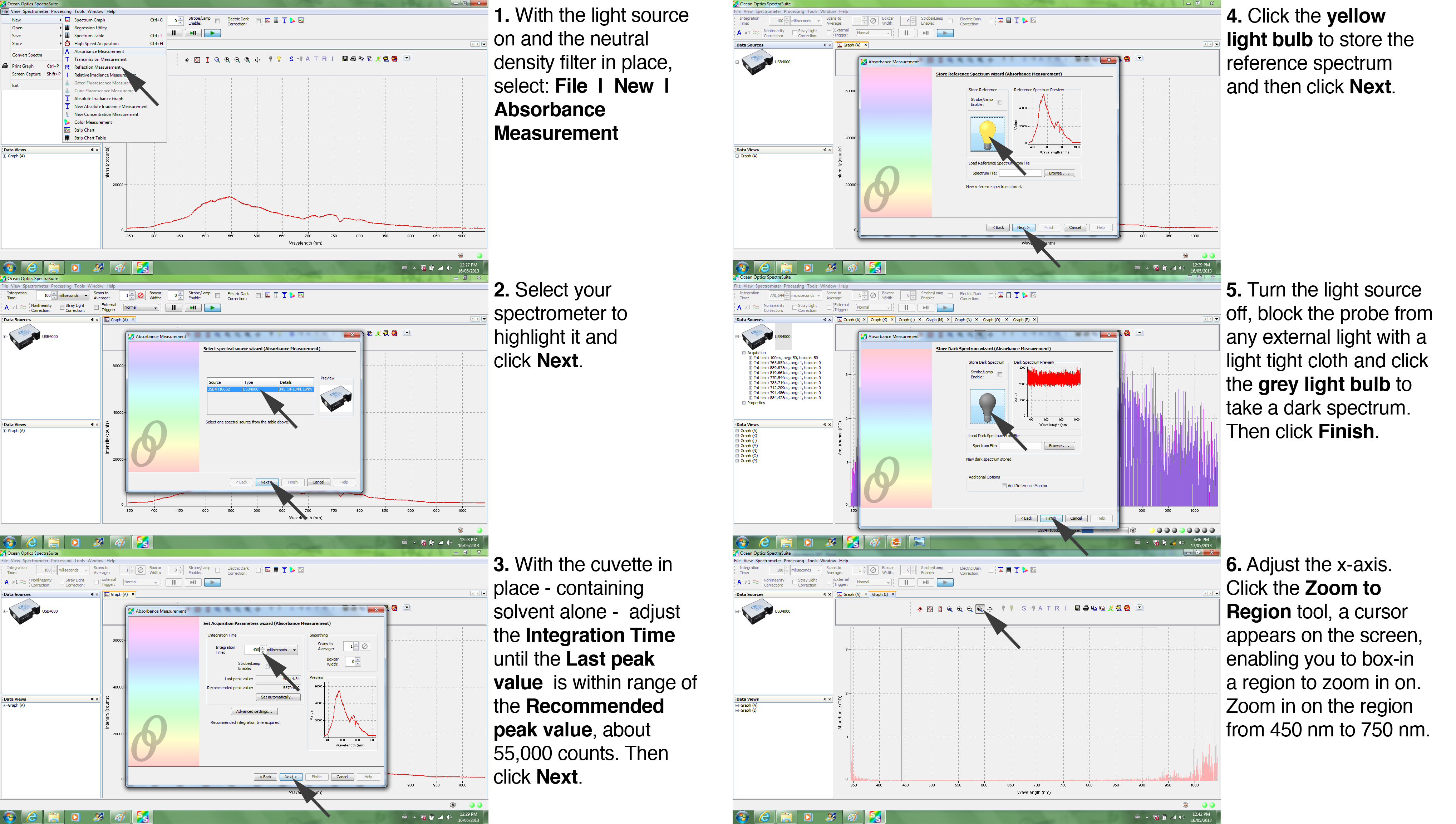 step-by-step screengrabs showing how to calibrate the SpectraSuite software