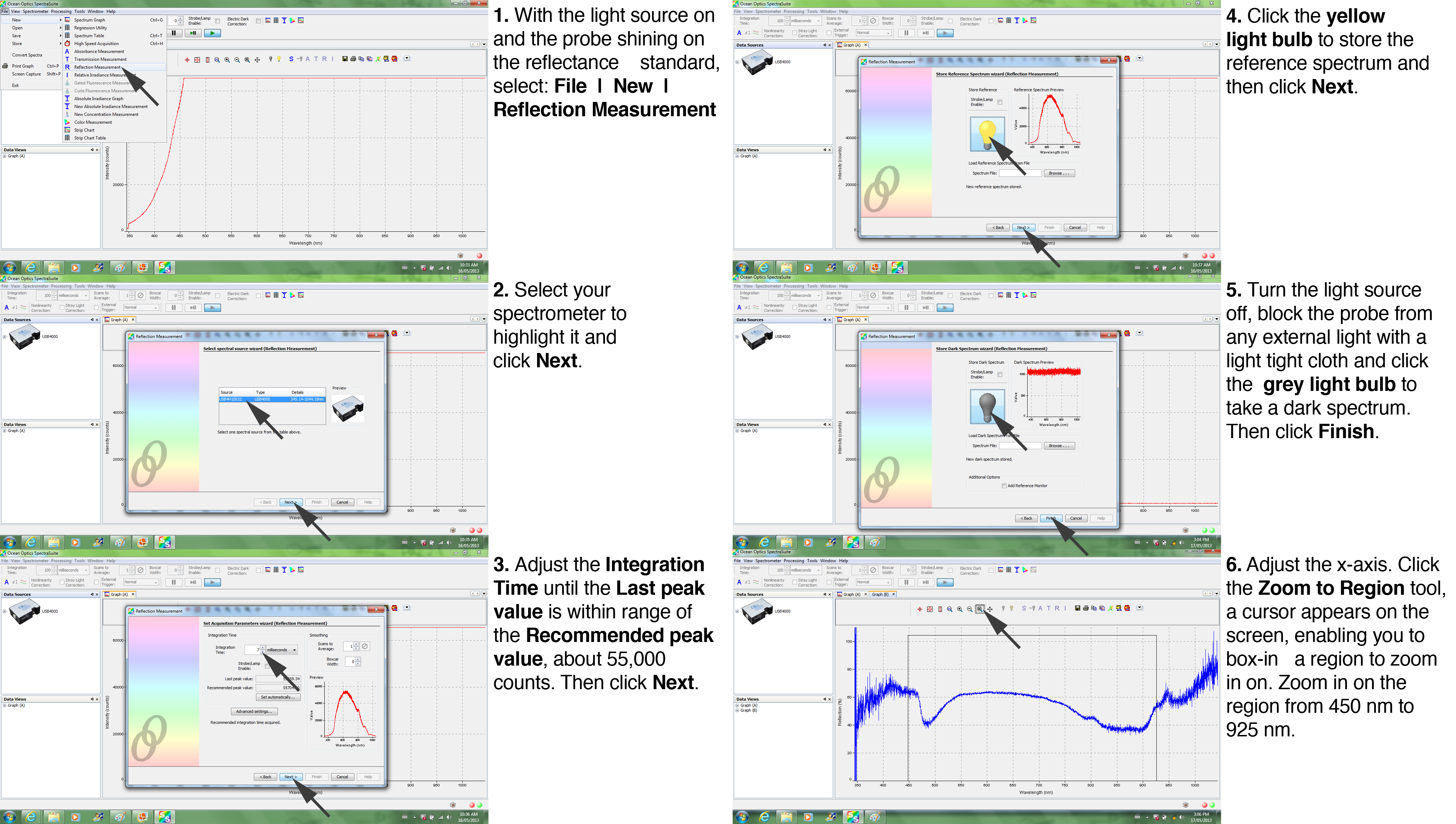 step-by-step screengrabs showing how to calibrate the SpectraSuite software