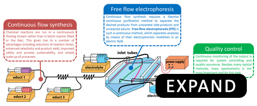 Overview: continuous flow synthesis, free-flow electrophoresis, and quality control