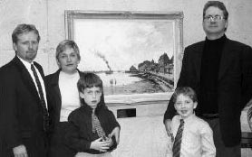 Susan Walker with her sons Hart, 7, and Andrew, 5, her husband, Don Murdoch (right) and Susan Walker's brother, Paul, all flanked by painting donated to York.