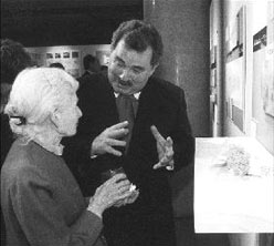 Gary J. Smith speaking with York friend Mrs. Katherine Packer donor of the Packer Family Endowment in Social Justice, at the Toronto Design Centre during the York Exhibition of the Architectural Models and Renderings Competition for the York Honour Court 