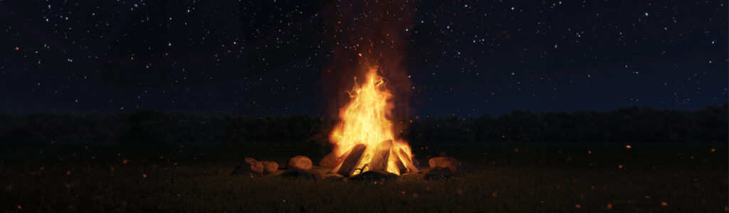 A wood fire in the middle of a field on a starry dark night