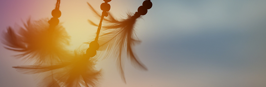 Beaded feathers against a sunset backdrop.