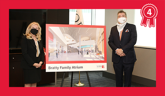 The Bratty Family Atrium was unveiled Friday during a special event that announced a $10M donation towards the construction of the Markham Centre Campus. Featured in this image are York University President and Vice-Chancellor Rhonda L. Lenton and Chris Bratty.