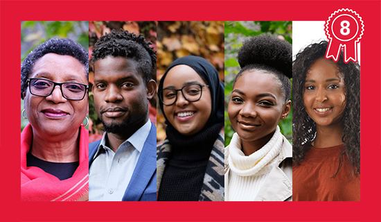 Speakers from the Scholars' Hub panels on anti-Black racism, from  left to right: Uzo Anucha, Cyril J. Cromwell, Amina Hagar, Clementine Utchay, and Rahma Siad-Togane.