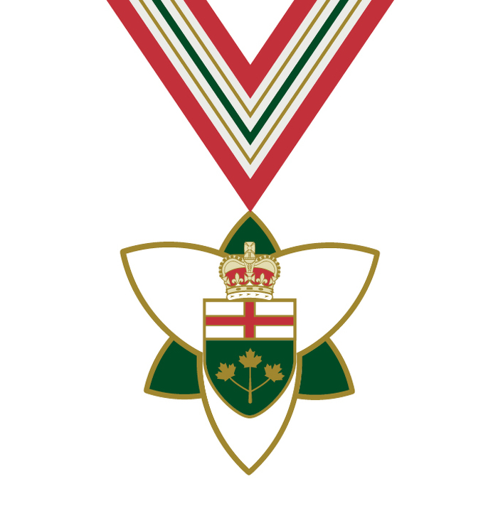 The Order of Ontario insignia. The main badge consists of a gold medallion in the form of a stylized trillium, the official provincial flower. The obverse is white enamel with gold edging, bearing at its centre the escutcheon of the arms of Ontario, all surmounted by a St. Edward's Crown symbolizing the Canadian monarch's role as the fount of honour. The order's ribbon is patterned with vertical stripes in red, green, white, and gold, reflecting the colours within the provincial coat of arms.