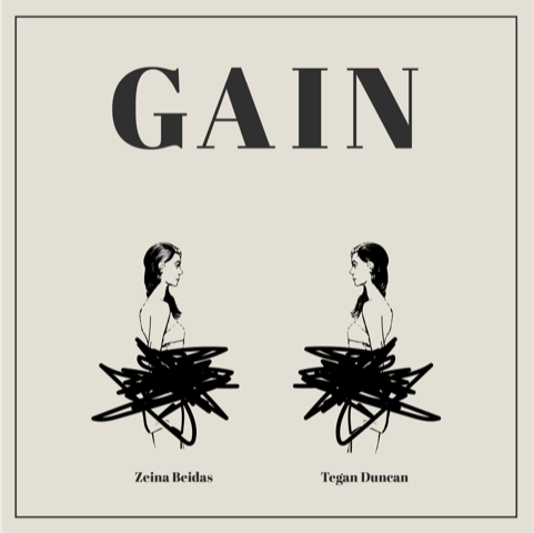 GAIN film artwork. Black and white illustration of two women facing each other with their midsections scribbled out.