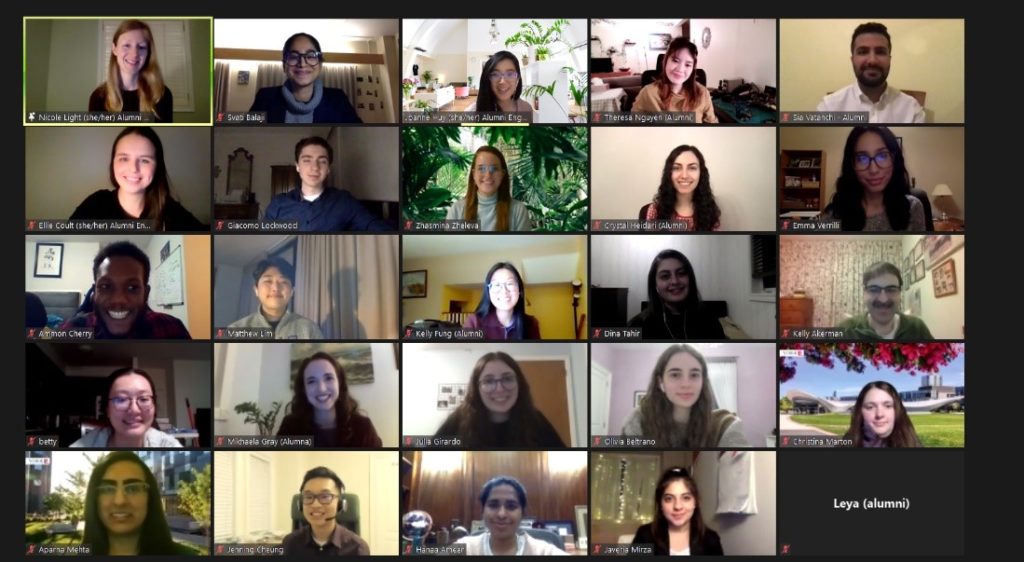 Screenshot of virtual mentor event with 25 alumni and students 
