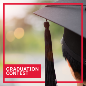 GRADUATION CONTEST. Photo of a graduate wearing a mortar board taken from behind their head.