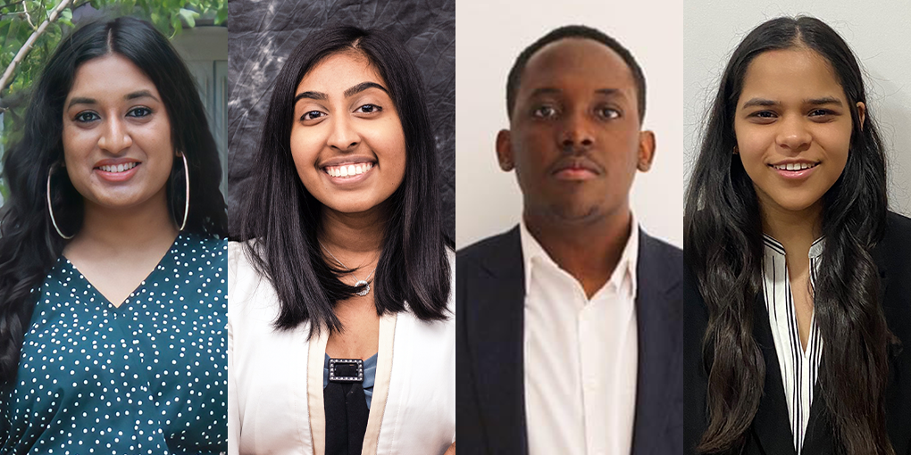 2021 Alumni Awards and Scholarships recipients: Anjelica Ramsewack, Ishi Madan, Meena Shanmuganathan and Moboluwajidide Joseph