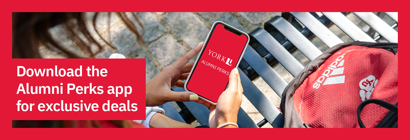 Young woman sitting cross-legged on a bench with the York U Alumni Perks app open on her phone. Text reads: Download the Alumni Perks app for exclusive deals