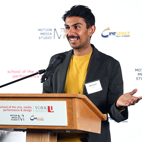 Alumnus Shant Joshi (BFA '17) speaks at Cinespace gift announcement