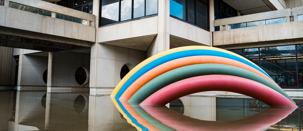 Outdoor art sculpture in the Scott Library pool- 'Rainbow Piece'