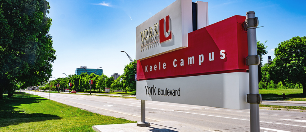 The York University sign at the gates to Keele campus on York Boulevard.
