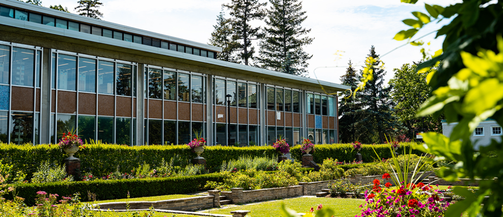 View of Frost Library from the Bruce Bryden Rose Garden on York's Glendon Campus