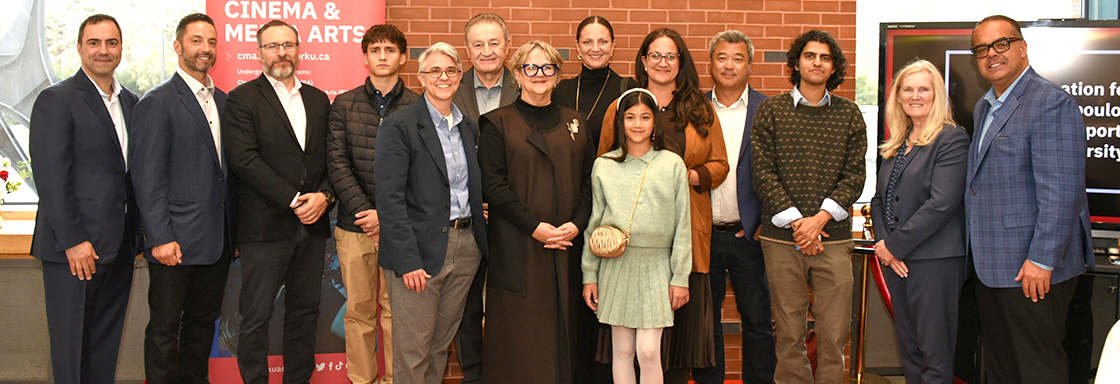 The Mirkopoulos family joined by AMPD Dean Sarah Bay-Cheng, York University President and Vice-Chancellor Rhonda Lenton, and others.