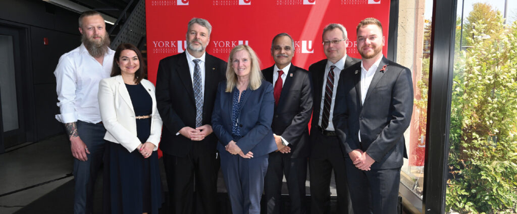 The Connected Minds leadership team with Queen’s Assistant Vice Principal Partnerships & Innovation Jim Banting, York University President Rhonda Lenton, and Vice-President Research & Innovation Amir Asif. Left to right: Gunnar Blohm (Queen’s), Pina D’Agostino, Banting, Lenton, Asif, Doug Crawford, and Sean Hillier. 
