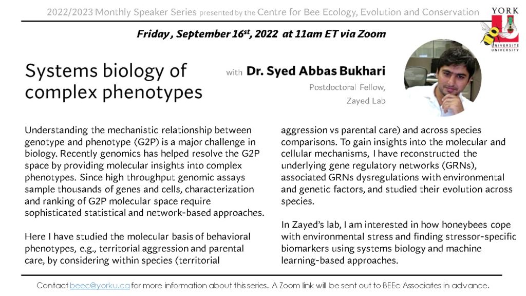 A poster advertising the talk by Dr. Bukhari including the title and abstract.