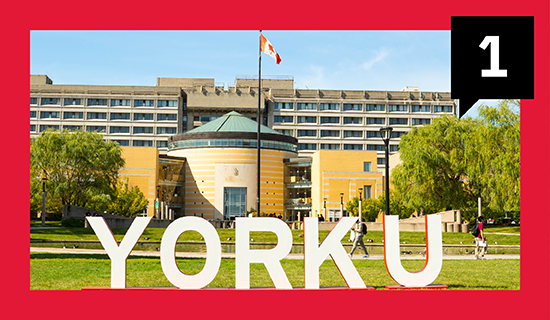 Large York U letters in front of Vari Hall during a bright sunny day