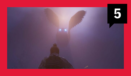 In a gloomy scene within the metaverse, a winged creature approaches a person facing the creature