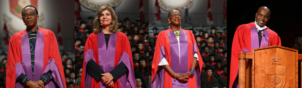 A grid image of 4 honorary doctorate degree recipients from the Convocation 2023 ceremonies