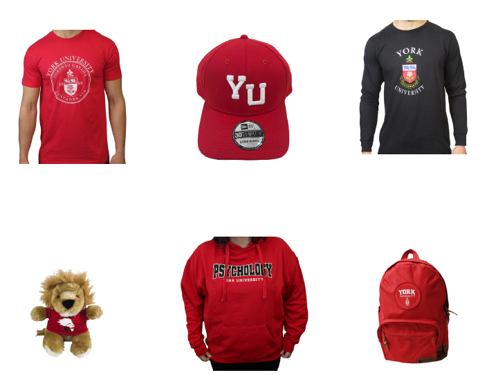 Merchandise examples: a lion, a backpack, t-shirts and a hat