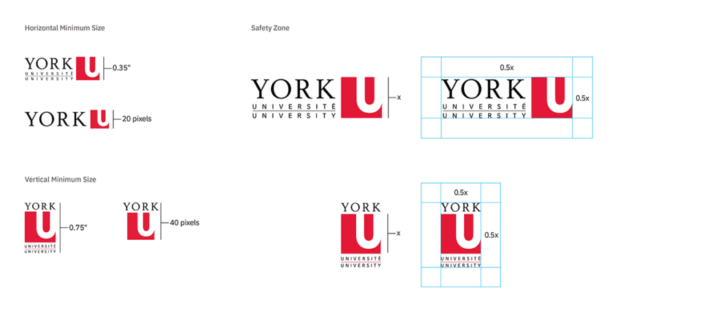 Images showing the York logo minimum size and safety zone requirements. Horizontal minimum size is .35" or 20 pixels. Safety zone is .5X where X is the logo. Vertical minimum size is .75" of 4 pixels.