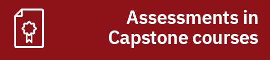 Assessments in capstone courses. White award icon on dark red background.