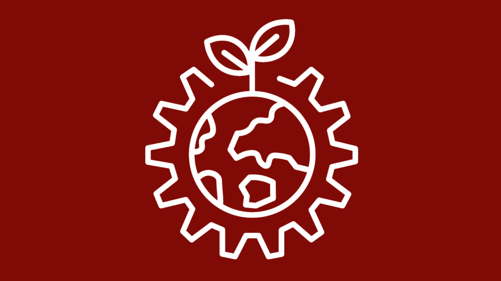 icon of earth inside of a gear on dark red background