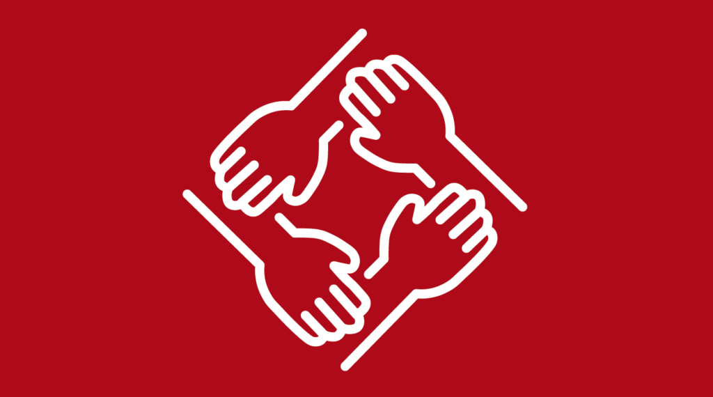 icon of 4 hands holding each other's wrists on red background