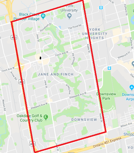 Map of Jane Finch with red lines to indicate catchment boundaries: 
North: Steeles Ave 
East Boundary: Keele St.
West Boundary: Hwy 400
South Boundary: Wilson Ave