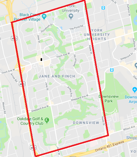 Map of Jane Finch with red lines to indicate catchment boundaries:
North: Steeles Ave
East Boundary: Keele St.
West Boundary: Hwy 400
South Boundary: Wilson Ave