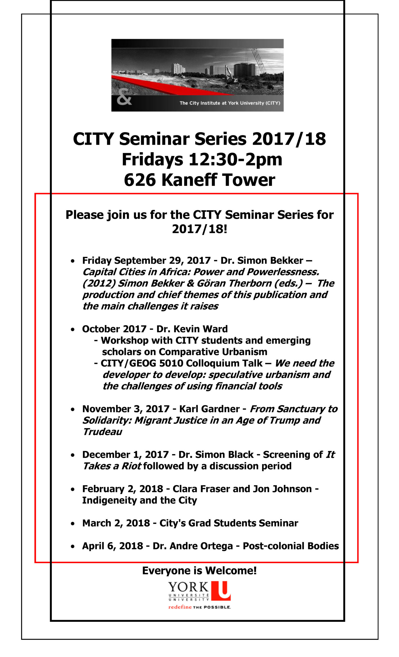 City Seminar Series with details for 2017/18