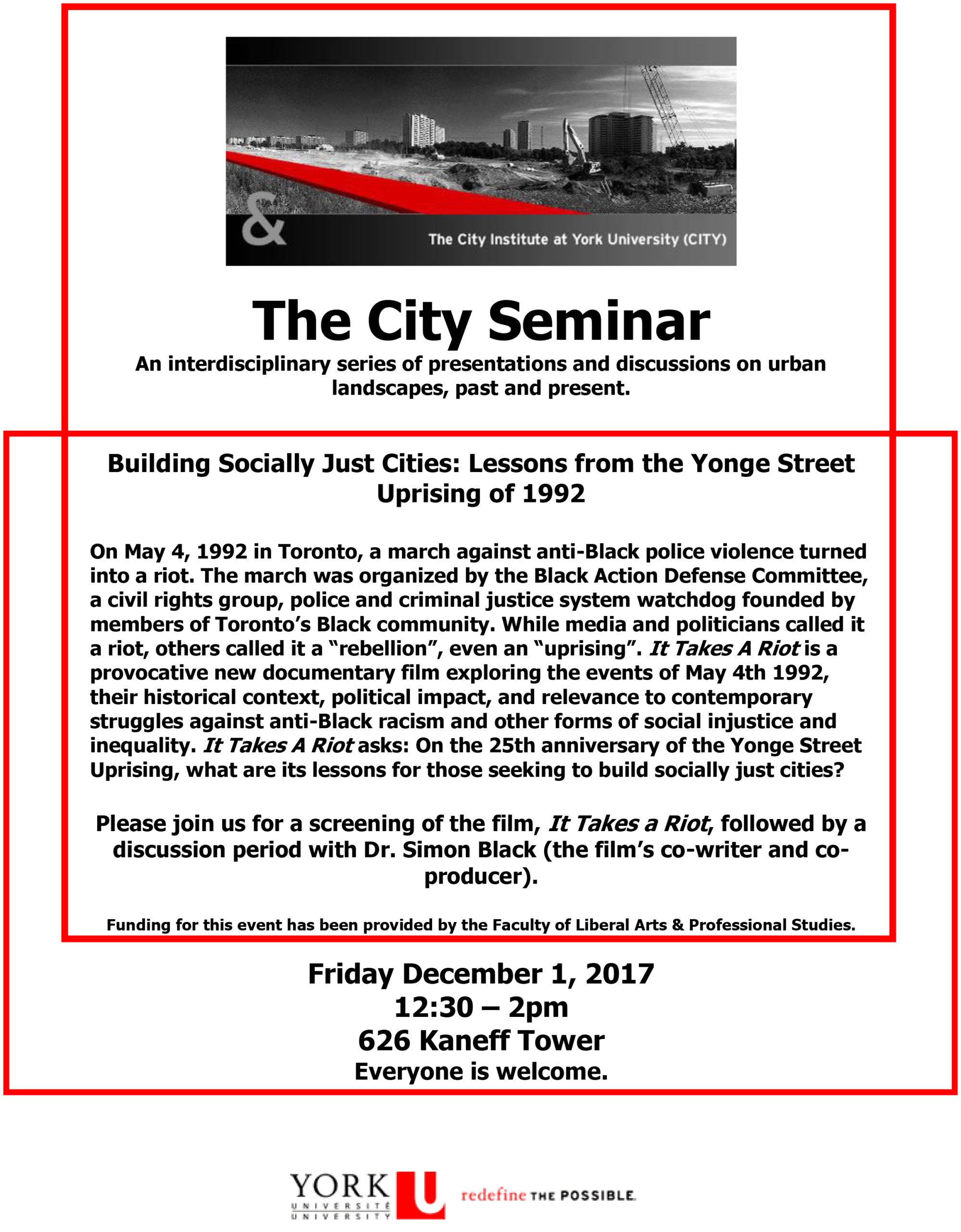 'Building Socially Just Cities: Lessons from the Yonge Street Uprising of 1992', with event description and venue details.