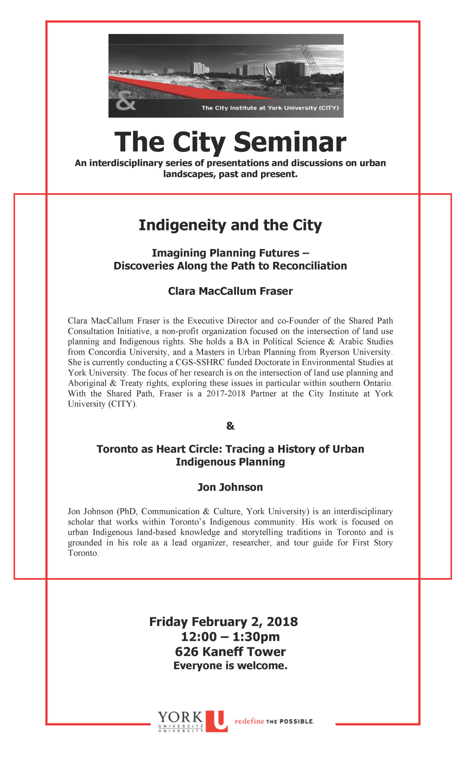 Indigeneity and the City, with two red interlocking borders and event details.