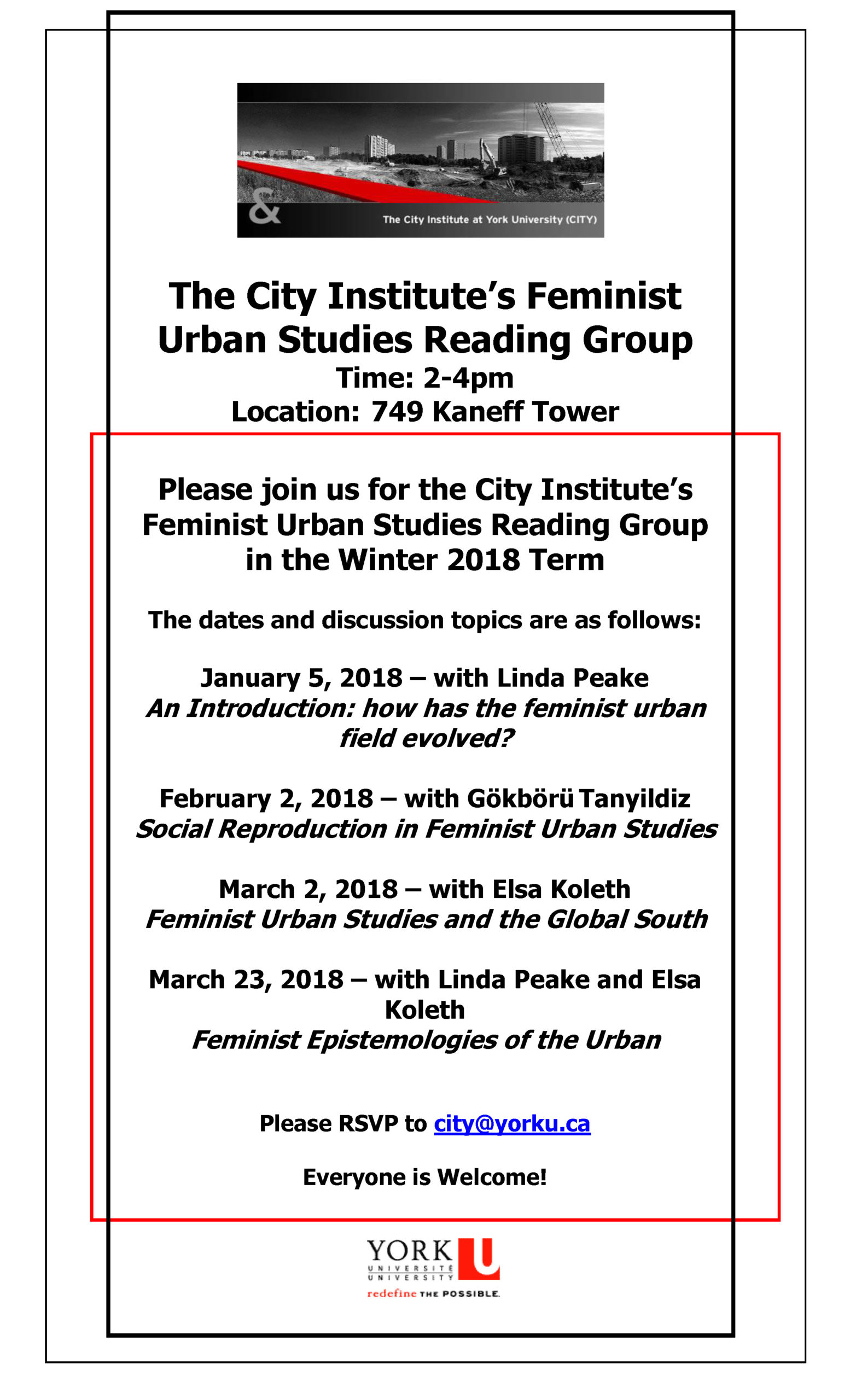 The City Institute's Feminist Urban Studies Reading Group, with red and black interlocking borders and details of the readings and facilitators for each of the four days listed.