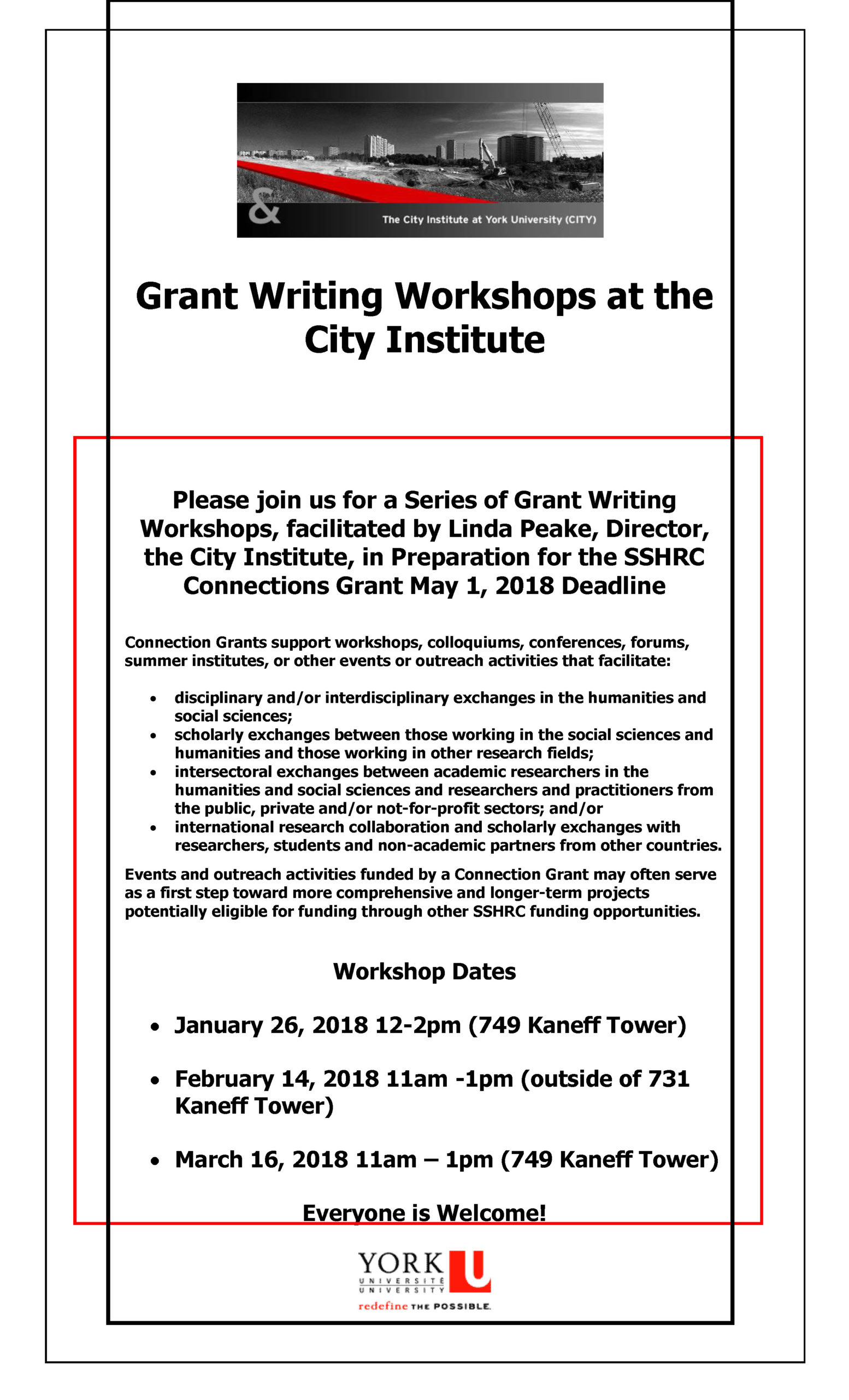 Grant Writing Workshops at the City Institute with black and red interlocking borders and event description within them.