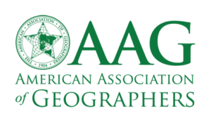 American Association of Geographers logo with "AAG" and an illustration at the upper half and the full name of the association below in green font.