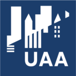 Urban Affairs Association logo with white icon illustrations of high rise buildings and the "UAA" at the bottom, set against a dark blue background.