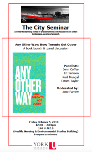 This poster includes the cover of 'Any Other Way: How Toronto Got Queer' at the middle left, as well as event information. The top and bottom of the poster include logos for The City Institute and York University respectively.