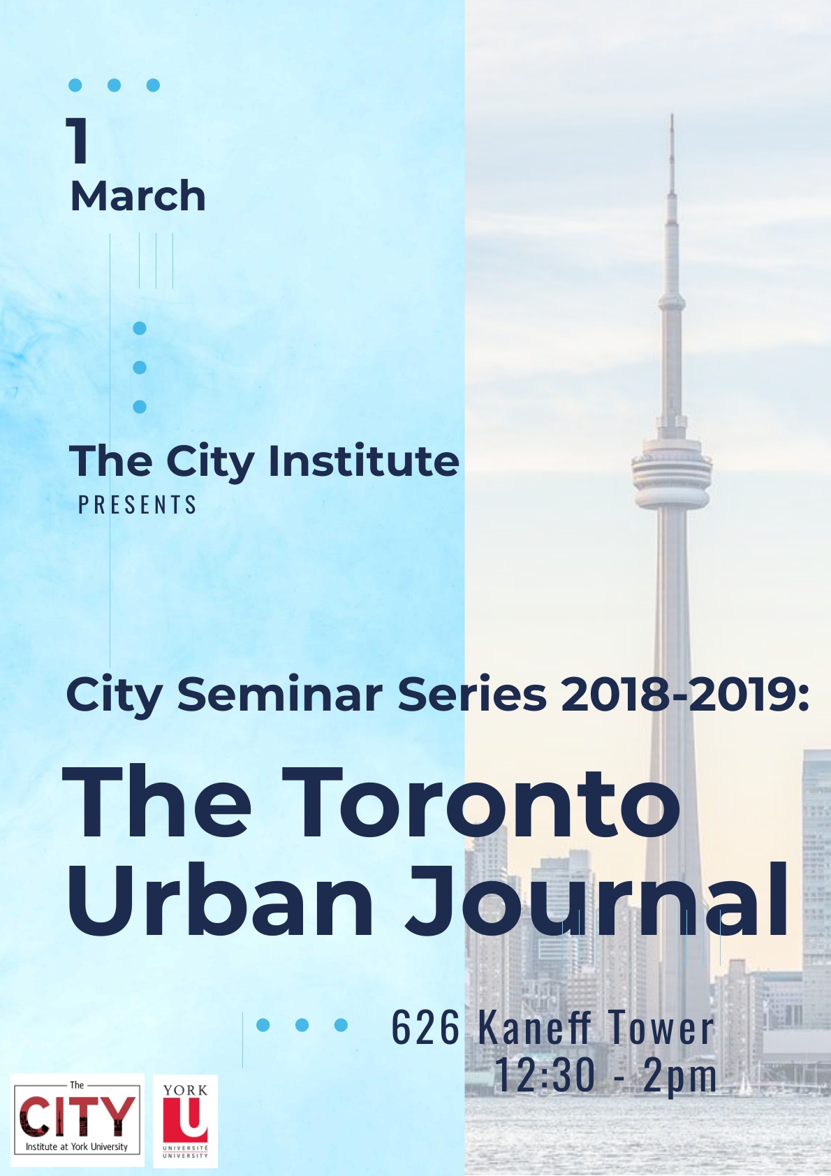 Background of the CN Tower with the left side of the poster overlaid with a light blue block that includes date, time and venue details.