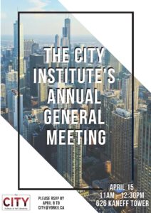 Background of a city skyline with bold, white text in a black border reading "THE CITY INSTITUTE'S ANNUAL GENERAL MEETING." The bottom left and right have RSVP, and date, time and venue information respectively.